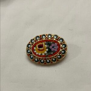 Floral Enamel Gold-Tone Oval Brooch Pin - Red Floral Design